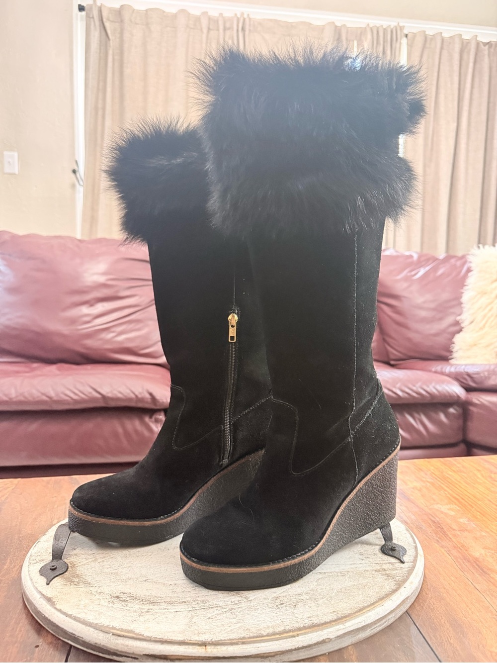 UGG Women’s Black Suede Tall Wedge Boots Faux Fur Trim Size 8.5